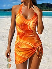 baratos Tankinis-Mulheres Roupa de Banho Tankini Saia roupa de banho Com Cordão Elegante Férias Gráfico Geométrico Decote V Sem Manga Fatos de banho