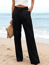 preiswerte Wesentliche Falsche Unterteile-Damen Kunstbaumwollleinen Weites Bein Freizeithose Sommerhose Urlaub Streetwear Basic Volle Länge Mittlere Taillenlinie Einfach Tasche Atmungsaktivität Bequem Unelastisch Täglich Outdoor Urlaub Blau