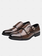 baratos Sapatos de monge-Sapatos sociais masculinos de couro sintético marrom com tira dupla de monge e detalhes brogue, estilo clássico para casamento, uso formal e empresarial