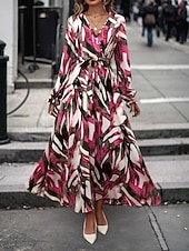 cheap Casual Floral Dresses-Women's Long Dress Maxi Dress A Line Dress Floral Dress Elegant Fashion Modern Daily Outdoor Vacation Regular Fit Floral Long Sleeve V Neck Red Brown Spring Fall