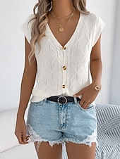 baratos Blusas Simples-Mulheres Tops de verão Blusa Patchwork Botões Tecido à moda Clássico Moderno Manga Curta Decote V Tops regulares Diário Feriado Para Noite Preto Branco Marron Cáqui Verão Primavera