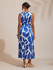 economico Abiti floreali-abito lungo in raso dritto con stampa geometrica a blocchi di colore per le vacanze