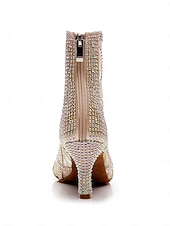 cheap Dance Boots-Women's Champagne Rhinestone Lace-Up Professional Dance Boots, Open Toe Mesh Latin &amp; Ballroom Heels for Stage Performance