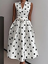 זול שמלות פסים וגיאומטריות-בגדי ריקוד נשים שמלת מידי שמלת קז'ואל שמלת עבודה שמלה מנוקדת אלגנטית אופנתי מודרני בָּחוּץ חופשה ליציאה רגיל נקודה ללא שרוולים צווארון V שחור לבן קיץ אביב