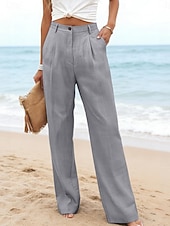 preiswerte Wesentliche Falsche Unterteile-Damen Kunstbaumwollleinen Weites Bein Freizeithose Sommerhose Urlaub Streetwear Basic Volle Länge Mittlere Taillenlinie Einfach Tasche Atmungsaktivität Bequem Unelastisch Täglich Outdoor Urlaub Blau