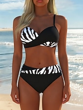 billiga Bikiniset-Dam Badkläder Bikini 2 st Kaxig Baddräkt Smal Öppen rygg Semester Standkläder Zebratryck V-hals Ärmlös Baddräkter