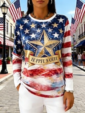  Amerikanska självständighetsdagen Dam T-shirt T-tröja Mönster Grafisk Stjärna Mode Grundläggande Ledigt Långärmad Rund hals Vanliga toppar Dagligen Utekväll Helgen Blå Sommar Vår Höst