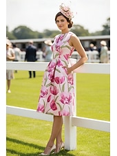 cheap Tea Length-A-Line Knee Length Cocktail Dress Wedding Guest Dress Derby Dress Mother of the Bride Dress Sleeveless 3/4 Length Sleeve Crew Neck Elegant Vintage Formal Kentucky Derby Jacquard with Print