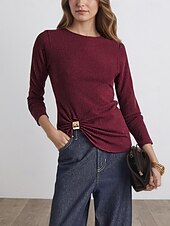 abordables T-shirt uni-Femmes Flou Froncé Boucle en métal Couleur Unie Mode Occasionnel manche longue Col ras du cou Col rond Hauts Réguliers Quotidien Sortir Vin Printemps Automne