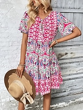 voordelige Vakantie Boho Jurk-Dames Mini-jurk strand jurk A lijn jurk Bloemetjesjurk Elegant Modieus Modern Dagelijks Buiten Vakantie Normale pasvorm Geometrisch Korte mouw V-hals blauw Rood Marine Blauw Oranje Zomer Lente Herfst