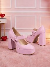 abordables Estilo Disco y Hippie de los años 70-Tacones de plataforma rosas para mujer con correa de hebilla: estilo retro chic para San Valentín, fiestas y ocasiones especiales.