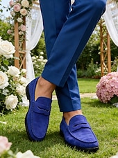 economico Mocassini-mocassini da uomo in vera pelle: eleganti mocassini slip-on in pelle di vacchetta blu per matrimoni ed eventi semi-formali