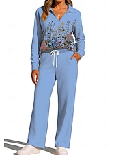 cheap Tracksuits-Women's Sweatshirt Tracksuit Sweatpants Drawstring Pocket Floral Print Jacket and Sweatpants Athletic Clothing Set Loungewear Summer Spring Fall Winter Navy Black Gym Workout Casual Workout Thermal