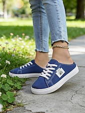 economico Sneakers da donna-Sneakers slip-on da donna in tela verde con lacci – comode scarpe da ginnastica senza schienale, ideali per passeggiate, shopping, corse a scuola e giornate estive informali