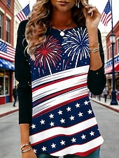  יום העצמאות האמריקאי בגדי ריקוד נשים חולצה קצרה טופ טי דפוס גראפי דגל אמריקה אופנתי מסוגנן קלסי שרוול ארוך צווארון עגול קצר חולצות רגילות יומי סוף שבוע בגדי נופש פול אביב סתיו