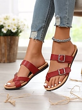 preiswerte Rutschsandalen-Rote Damen-Komfortsandalen mit Doppelschnalle – gepolstertes Fußbett, verstellbare Riemen, stützende flache Schuhe zum Gehen, Reisen, für Outdoor-Aktivitäten und den Alltag