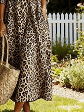 economico Abiti floreali-Per donna Abito maxi Abito Camicia Vestito Casual Moda Essenziale Moderno Quotidiano All'aperto Spiaggia Vestibilità regolare Leopardo Manica 3/4 Scollo a V Marrone Estate Primavera