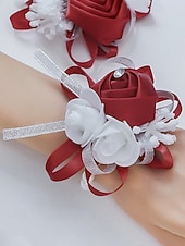 abordables Boda ACC-Ramillete de muñeca de rosas para mujer, flor de cinta de poliéster con pulsera elástica de perlas falsas, varios colores, accesorio elegante para damas de honor y novias para bodas, bailes de graduación y eventos formales.