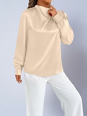 voordelige Chique Blouses-Dames Overhemd Satijnen overhemd Normaal shirt Met ruches Effen Stijlvol Basic Klassiek Lange mouw Hoge nek Normale tops Dagelijks Feestdagen Uitgaan Zwart Wit Wijn Rood Lente Herfst