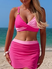 economico Bikini-Per donna Costumi da bagno Bikini Due pezzi Gonna Costume da bagno Snello Senza schiena Vacanza Abbigliamento da Spiaggia Tinta unica Scollo a V Senza Maniche Costumi da bagno