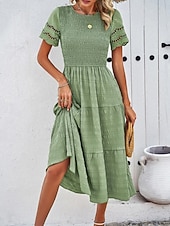 economico Vestito bianco-Per donna Abito Midi Abito a trapezio Abito Estivo Casual Quotidiano Vestibilità regolare Semplice Manica Corta Girocollo Nero Bianco Marrone Verde Estate Primavera