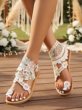 voordelige Bruid-Ivoorwitte kanten platte sandalen voor dames, elegante boho bruidsschoenen voor een strandbruiloft
