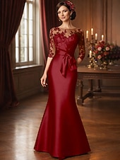 cheap Floor Length-Mermaid Trumpet Floor Length Wedding Guest Dress Formal Dresses Evening Gown Mother of the Bride Dress 3/4 Length Sleeve Illusion Neck Elegant Mother Engagement Satin Lace with Appliques