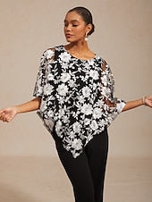 お買い得  レーストップ-女性用 ブラウス レーストップス レース 刺繍 フラワー エレガント ハーフスリーブ バットウィングスリーブ クルーネック 日常 結婚式のゲスト ブラック 夏 春 秋