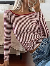 economico T-shirt a righe e geometrico-Per donna Maglietta Stampato A righe Moda Elegante Classico Manica Lunga Girocollo Top Regolari Quotidiano Uscire Weekend Nero Rosa Rosso Blu marino Estate Primavera