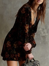 abordables Vestido Boho Occidental-Mujer Mini vestido Vestido informal Vestido de flores Elegante Moda Moderno Exterior Vacaciones Noche Ajuste regular Floral Manga Corta Escote en Pico Negro Primavera Otoño