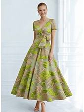 billige Cocktailkjoler-A-linje Ankellengde Cocktailkjoler Elegant Årgang Blomster Kortermet V-hals Hage fest Formell Lomme Jacquard Cowlhals med Sløyfe(r) Bølgemønster