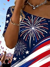 cheap Independence Day Top-American Independence Day Women's T Shirt Tee Top Print Graphic American Flag Fashion Classic Casual Short Sleeve One Shoulder Regular Tops Daily Going out Weekend Blue Summer Spring