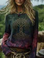 billige Boho t-skjorte-Dame Boho skjorte T skjorte Trykt mønster Grafisk Bohem Årgang Fritid Langermet Crew-hals Vanlige topper Daglig Helg Ferieklær Grønn Sommer Vår Høst