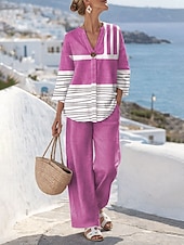 cheap Women's Blouse Suits-Women's Two Piece Sets Linen Like Pants Sets Bolero Top 3/4 Length Sleeve V Neck Graphic Geometric Striped Print Daily Stylish Casual Daily Beach Blue Purple Orange Summer Regular Fit