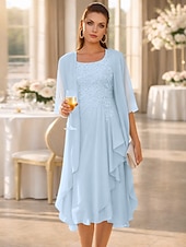  Duas Peças Linha A Até os Joelhos Vestido de convidada de casamento Vestido Para Mãe dos Noivos Sem Manga Scoop pescoço Elegante Convidado do casamento Festa de Casamento Chiffon Renda Vestidos de