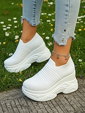 billiga Damsneakers-vita stickade slip-on-platåskor med kilklack för kvinnor – bekväma, grova athleisure-skor för dagliga promenader, ärenden och resor