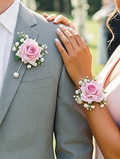 cheap Wedding Accessories-Women's Bridesmaid and Groomsman Corsage and Boutonniere Set, Available in Multiple Colors, Polyester Material, Perfect for Weddings and Parties