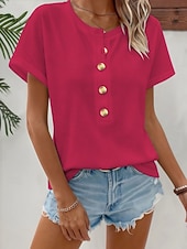 cheap Plain tee-Women's T Shirt Tee Top Buttons Plain Fashion Stylish Classic Short Sleeve Crew Neck Regular Tops Daily Going out Weekend Blue Black Red Summer Spring