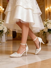 preiswerte Braut-Elfenbeinfarbene Brautschuhe aus Satin mit Knöchelriemen – spitze D’Orsay-Stilettos, florale Spitzen-, Perlen- und Strass-Hochzeitsschuhe für Zeremonie und Empfang