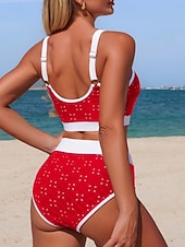 رخيصةأون أطقم البيكيني-نسائي ملابس السباحة بيكيني 2 قطعة عالي الخصر ملابس السباحة ضعيف بدون ظهر العطلة ملابس الشاطئ لون الصلبة منقط رقبة سكوب بدون كم بدلة سباحة