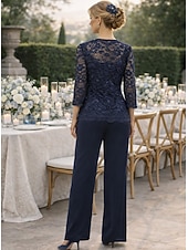 billige Mammas buksedresser-Buksedress gulvlengde mor til bruden kjole lang erme firkantet hals elegant bryllups gjest blonder med ensfarget