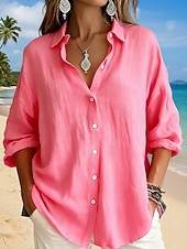 Недорогие Основные искусственные рубашки-Жен. Рубашка Бохо Рубашка Богемия Винтаж Повседневные Длинный рукав Длинные топы Повседневные Праздники На выход Синий Белый Желтый Розовый Небесно-голубой Лето Весна