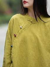 economico Collezione di Lino Premium-Camicia da donna a maniche lunghe con colletto alla coreana in lino biologico
