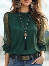 cheap Plain Blouses-Women's Popover Shirt Dress Shirt Blouse Patchwork Mesh Solid Color Elegant Vintage Stylish Long Sleeve Stand Collar Regular Tops Daily Outdoor Streetwear Green Spring Fall