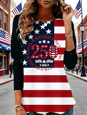  Amerykański Dzień Niepodległości Damskie Podkoszulek Koszulka Nadruk Graficzny Flaga Ameryki Moda Elegancki Klasyczny Długi rękaw Półgolf Zwykłe topy Codzienny Weekend Ubrania wakacyjne biało
