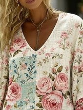  Γυναικεία Πουκάμισο Μπόχο πουκάμισο Λινό από ψεύτικο βαμβάκι Στάμπα Φλοράλ Γραφική Βοημία Βίντατζ Κλασσικό Μακρυμάνικο Λαιμόκοψη V Κανονικά μπλουζάκια Καθημερινά Αργίες Εξόδου Μπεζ