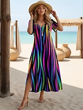 preiswerte Streifen- und geometrische Kleider-Damen Maxikleid A Linie Kleid Lässig Täglich Normale Passform Geometrisch Kurzarm V Ausschnitt Schwarz Weiß Orange Grün Sommer Frühling