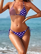 Χαμηλού Κόστους Σετ μπικίνι-Μαγιό Γυναικείο Πατριωτικό Ημέρας Ανεξαρτησίας Μπικίνι 2 Τεμαχίων Γυμνό Μαγιό Slim Χωρίς Πλάτη Διακοπών Παραλία Φόρεμα Σημαία Χαμόγελο Αμάνικο Μαγιό