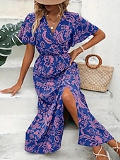 economico Abiti casual floreali-Per donna Abito Lungo Maxi Abito Abito Floreale Abito Boho Elegante Moda Moderno Quotidiano All'aperto Vacanza Vestibilità regolare Floreale Manica Corta Scollo a V Viola Verde Estate Primavera
