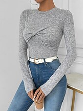 preiswerte Einfarbiges T-Shirt-Damen T Shirt Patchwork Verdreht Einfarbig Grafik Stilvoll Sexy Lässig Langarm Rundhalsausschnitt Rundhals Normale Oberteile Täglich Ausgehen Hellgrau Frühling Herbst